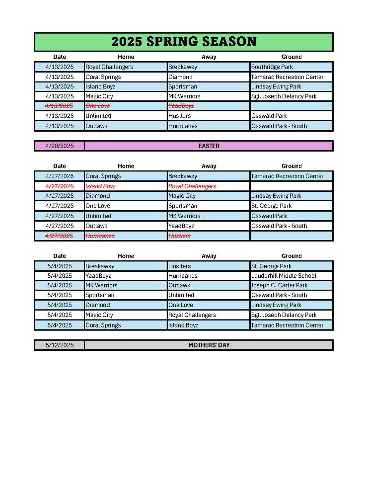 2025 Spring Season Schedule
