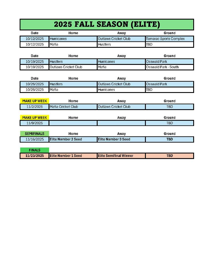 2025 Fall Season Schedule