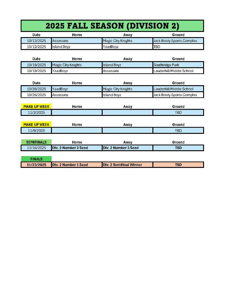 2025 Fall Season Schedule