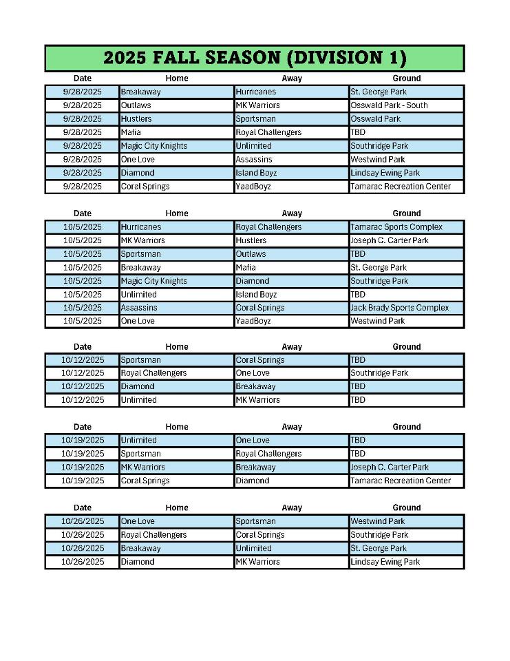 2025 Fall Season Schedule