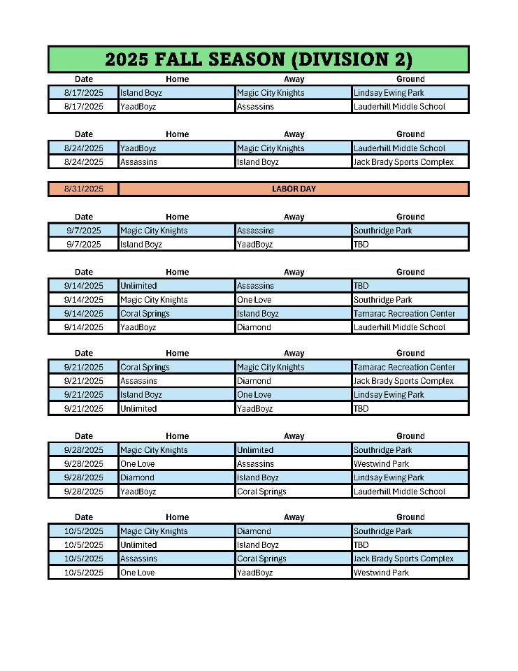2025 Fall Season Schedule
