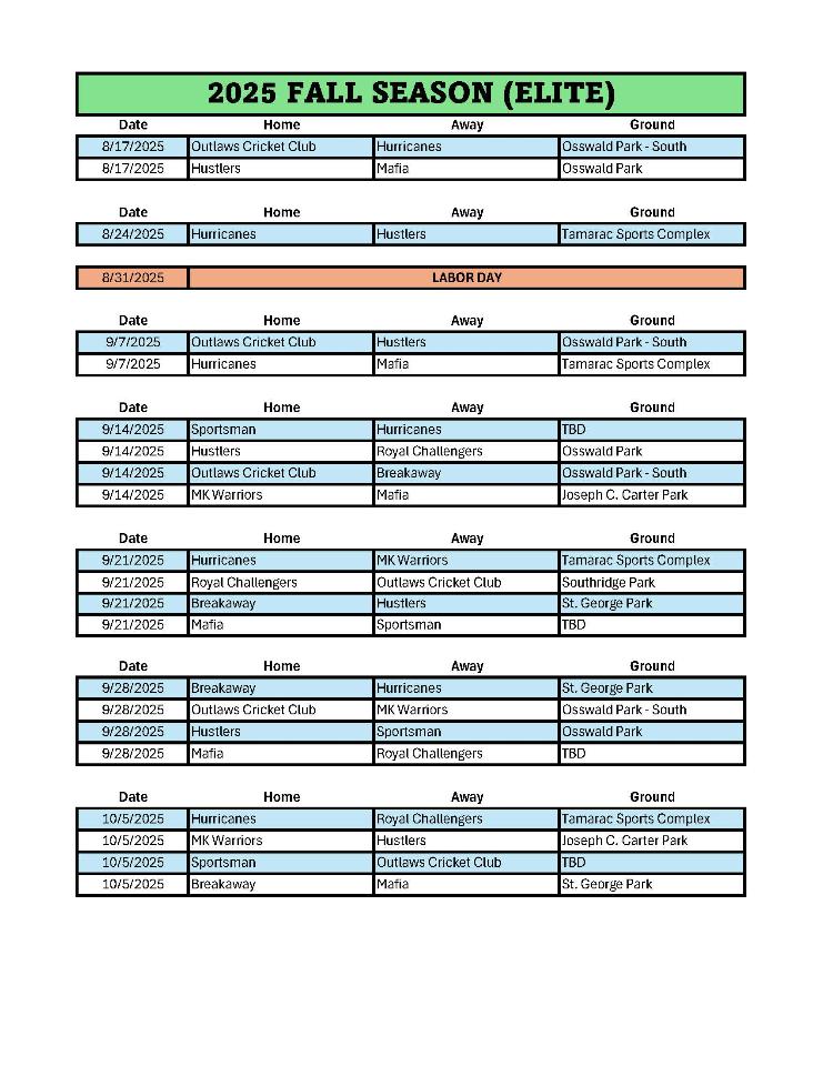 2025 Fall Season Schedule