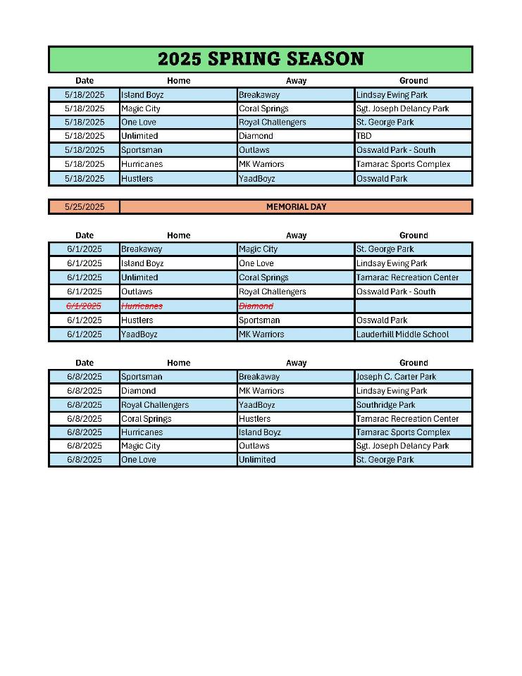 2025 Spring Season Schedule